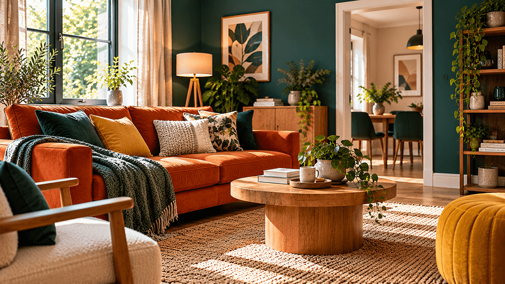 Sunlit Green and Rust Living Room